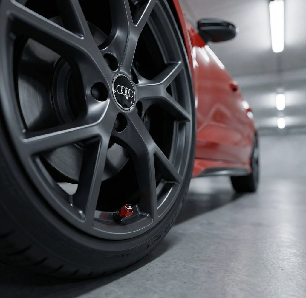 4 stk. Audi Logo Røde Aluminium Ventilhætter med Rød Tekst