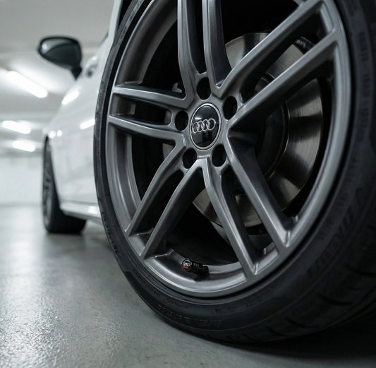 4 stk. Audi Logo Ventilhætter med Rød Tekst Sort Aluminium